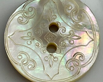 Antique Etched Incised Iridescent White Pearl Button Old Elegant Design Medium Vintage