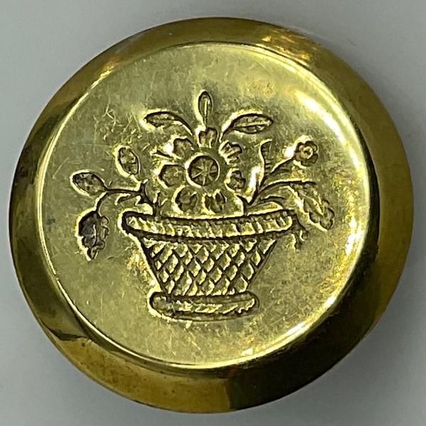 Small Gilt Basket Plants Flower Etched Incised Metal Antique Picture Button Old Victorian