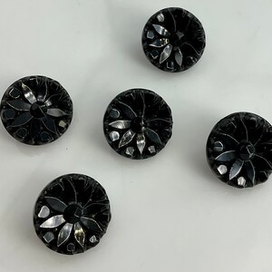 Set 5 Antique Small Black Glass Flowers Buttons Old Floral Botanical image 1