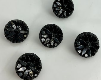 Set 5 Antique Small Black Glass Flowers Buttons Old Floral Botanical
