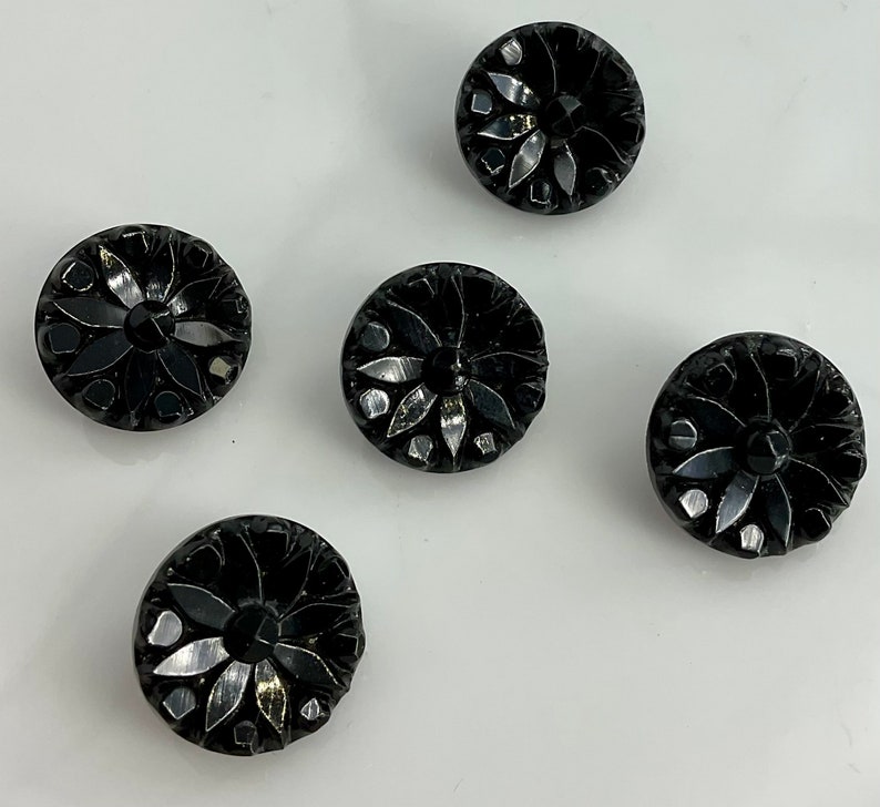 Set 5 Antique Small Black Glass Flowers Buttons Old Floral Botanical image 1