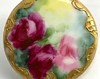 LARGE Flowers Red Pink Roses Antique Painted Porcelain Stud Button Old Gilt Border