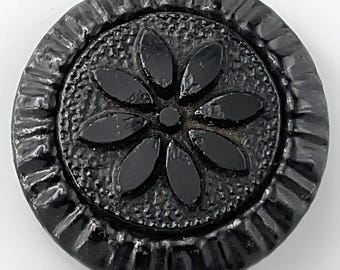 Antique Black Glass Flower In Metal Medium Size Old Padback Shank Button Victorian