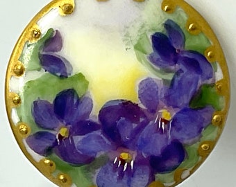 Violet Purple Flowers Antique Porcelain Stud Hand Painted Button Old Gilt Border