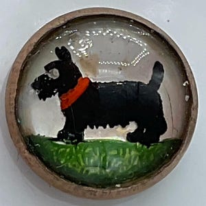 Small Reverse Intaglio Glass Scottie Dog In Metal Vintage Button Split Shank Black Scottish Terrier