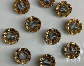Set of 10 Vintage Grey Moonglow Gray Glass Buttons Small Gold Luster Fancy Border