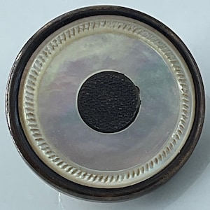 May include: A round, decorative object with a dark brown outer ring and a central black circle. The inner circle is iridescent, with a textured, pearlescent appearance. A detailed, ridged pattern borders the inner circle.