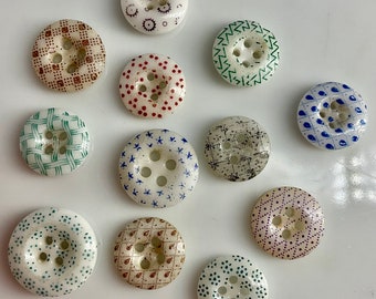 Lot 12 Antique China Calico Buttons Old Variety Colors Patterns