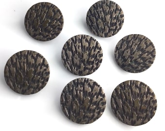 Set 7 Antique Small Metal buttons Old Botanical Woodgrain A P C Paris Backmark