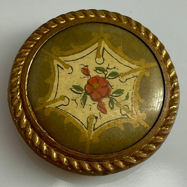 Floral Rose Red Flower Botanical Celluloid Mounted in Metal Antique Button old Medium