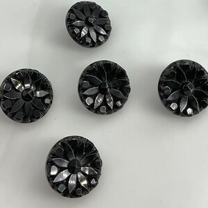 Set 5 Antique Small Black Glass Flowers Buttons Old Floral Botanical image 5
