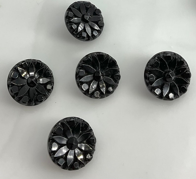 Set 5 Antique Small Black Glass Flowers Buttons Old Floral Botanical image 5