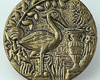 Large Bird Ornate Vase Botanical Garden Metal Antique Picture Button Old Pictorial Vintage Victorian