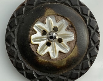 Large  Composition Carved Pearl Flower Cut Steel Metal Antique Button Victorian Old