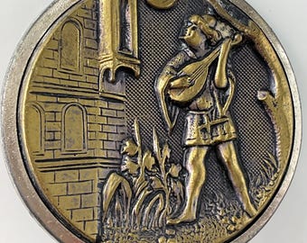 Large Antique Blondel Minstrel Lute Music Castle Window Figural Metal Victorian Picture Button