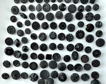 Bulk Lot of 98 antique Fancy black glass Mourning buttons Old Variety Florals Small Victorian
