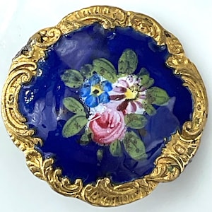 Medium Victorian Colorful Pink Blue Flowers Blue Enamel Antique Floral Button Metal Rococo Border Old Paris Backmark