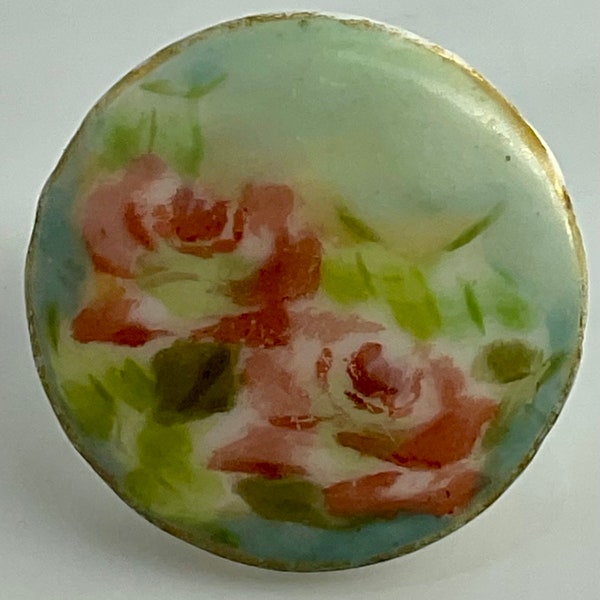 Pink Roses Flowers Antique Painted Porcelain Stud Button Old Floral Victorian