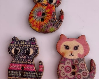 Lot 3 Colorful Wood Cat Shape Vintage Novelty Buttons Medium