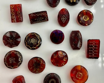 Lot 19 Antique Ruby Red Glass Buttons Victorian Old Gold Incised Designs Shapes