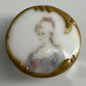 Reserved for T Please do NOT Purchase Woman Portrait Antique Porcelain Stud Medium Button Hand Painted Old Gilt Border