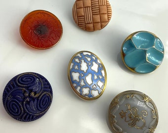 Lot 6 Antique Victorian Glass Buttons Floral Shape Medium Size Old Variety Colors