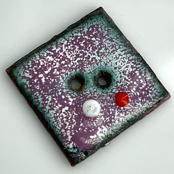 Vintage Enamel on Copper Square Shape Medium Studio Button Purple White