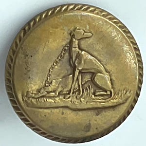 May include: A round, metallic gold-toned button featuring a raised relief design of a greyhound dog sitting on a patch of grass. The dog is depicted with a chain collar and leash. The button has a decorative twisted rope-style border edge.