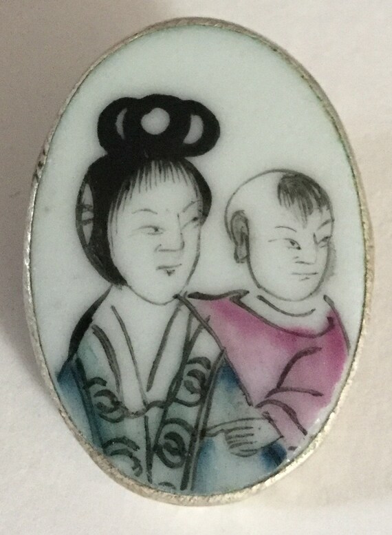 Asian Figures Woman Mother Son Kimonos Mounted In Metal Etsy