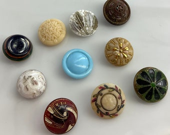 Lot 10 Antique Victorian Glass Buttons Floral Botanical Small Size Old Variety Colors