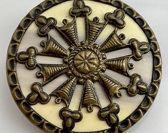 Large Antique Celluloid Background Metal Ornate Radiating Design Victorian Button Old