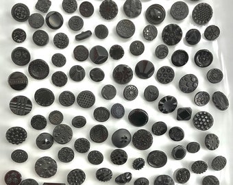 Bulk Lot of 98 antique Fancy black glass buttons Old Variety Florals Small