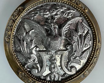 Large Bird Pedestal Perch Antique Metal Picture Button Old Pictorial Plants Victorian