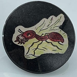 May include: A circular black pin featuring a central illustration of a reddish-brown ant with wings. The ant is positioned on a light yellow, irregular shape with dark line details. The design is set against a solid black background within the circle.