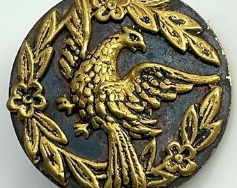 Medium Bird Flower Wreath Metal Antique Picture Button Old Pictorial Victorian