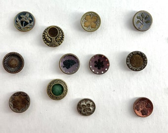 Lot 12 Antique Small Perfume Buttons Metal Velvet Fabric Victorian Variety Styles Designs Florals