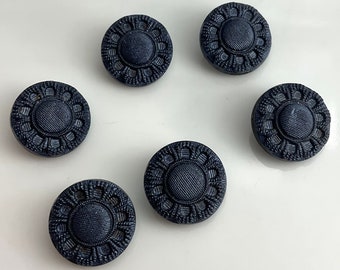 Set 6 Antique Small Black Glass faux fabric  Buttons Old Victorian Blue Color Tint