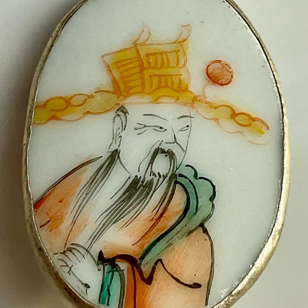 Asian Figure Man Beard Hat Porcelain Shard Mounted In Metal Vintage Picture Button Oval Shape