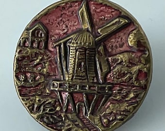 Medium Windmill Original Red Color Tint Antique Metal Picture Button Old Pictorial Architecture Scene Buildings Victorian