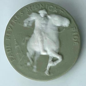 Large Paul Revere Ride Historical Design Verbal Vintage Jasperware Picture Button Signed EMB Bicentennial Series Equestrian Horse Figure