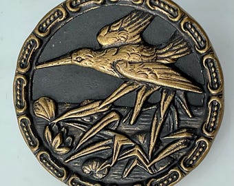 Large Hummingbird Grass Antique Metal Victorian Bird Picture Button Old