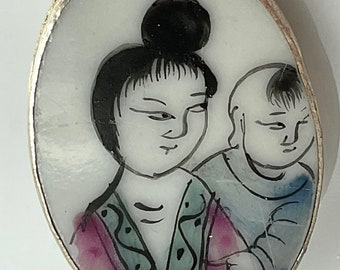 Porcelain Asian Figures Mother Son Mounted in Metal Vintage Portrait Shard button