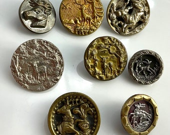 Lot 8 Antique Deer Stag Picture Buttons Old Small Metal Pictorial Variety Sewing Buttons