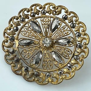 Large Openwork Filigree Metal Cut Steel Center Paste Jewel Antique Button Old Stylized Flower Victorian