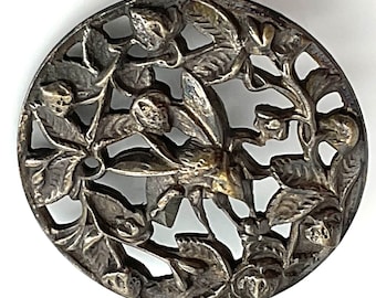 Bee Insect in Strawberry Plant Medium Antique Pierced Metal Picture Button Victorian Pictorial