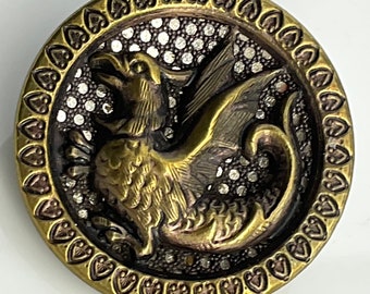 Medium Pierced Screen Background Metal Dragon Wings Antique Picture Button Old Fabulous Creature