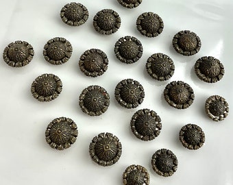 Set 22 Antique Small Metal Buttons Pierced Border Stylized Floral Dome Center