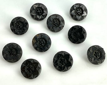 Set 10 Small Antique Black Glass Floral Buttons Old Flower Floral Victorian