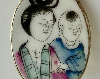Asian Figure Woman Holds Child Porcelain Shard Mounted In Metal Vintage Picture Button Oval Shape