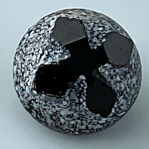Antique Charmstring Swirlback Black White Glass Button Old Small Faceted Dome Shape Speckled Cross Design